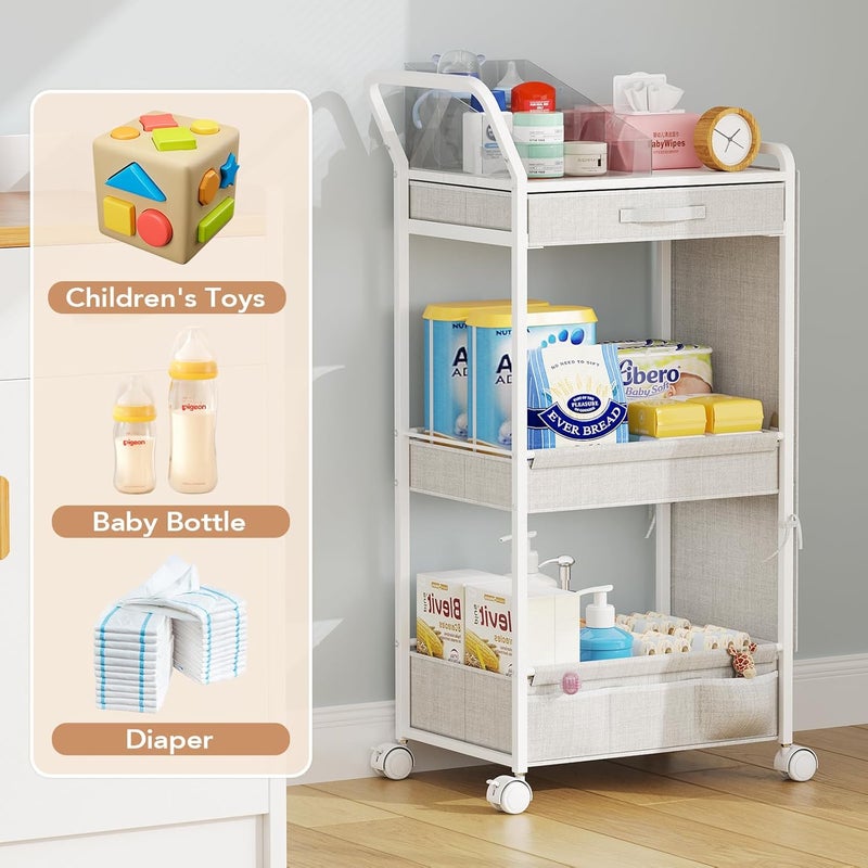 BBLIKE 3-Tier Diaper Caddy Organizer - Rolling Utility Baby Cart with Drawer and Side Pockets for Nursery and Baby Essentials, Multi-Function Cart for Bedroom and Bathroom, White - Image 5